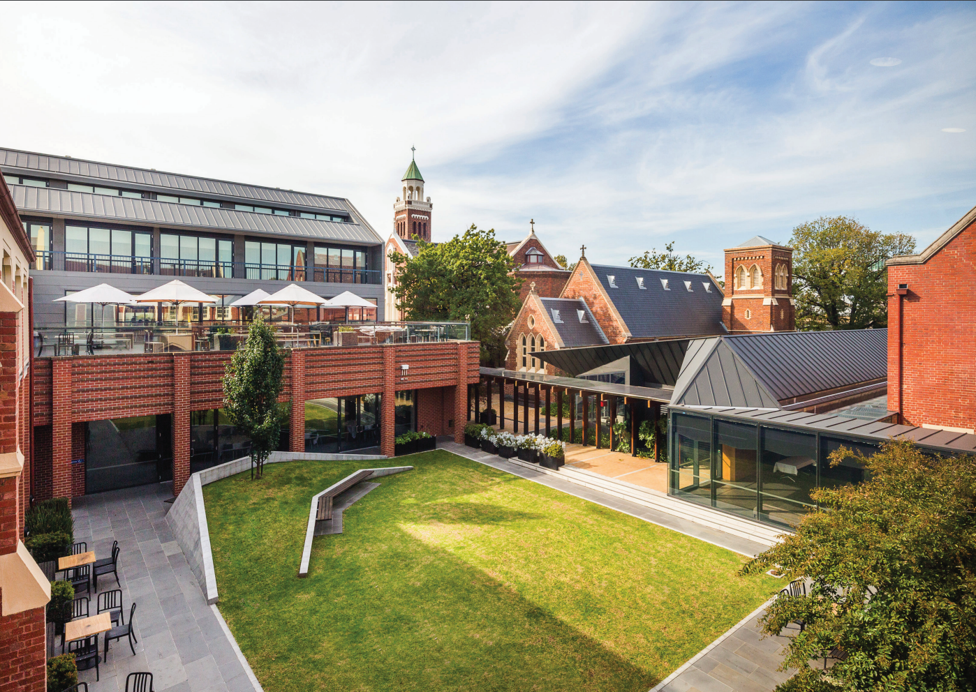 High angle view of the courtyard at the Catholic Leadership Centre